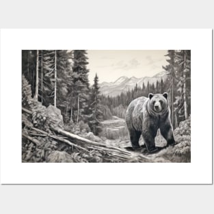 Grizzly Bear Animal Predator Wild Nature Ink Sketch Style Posters and Art